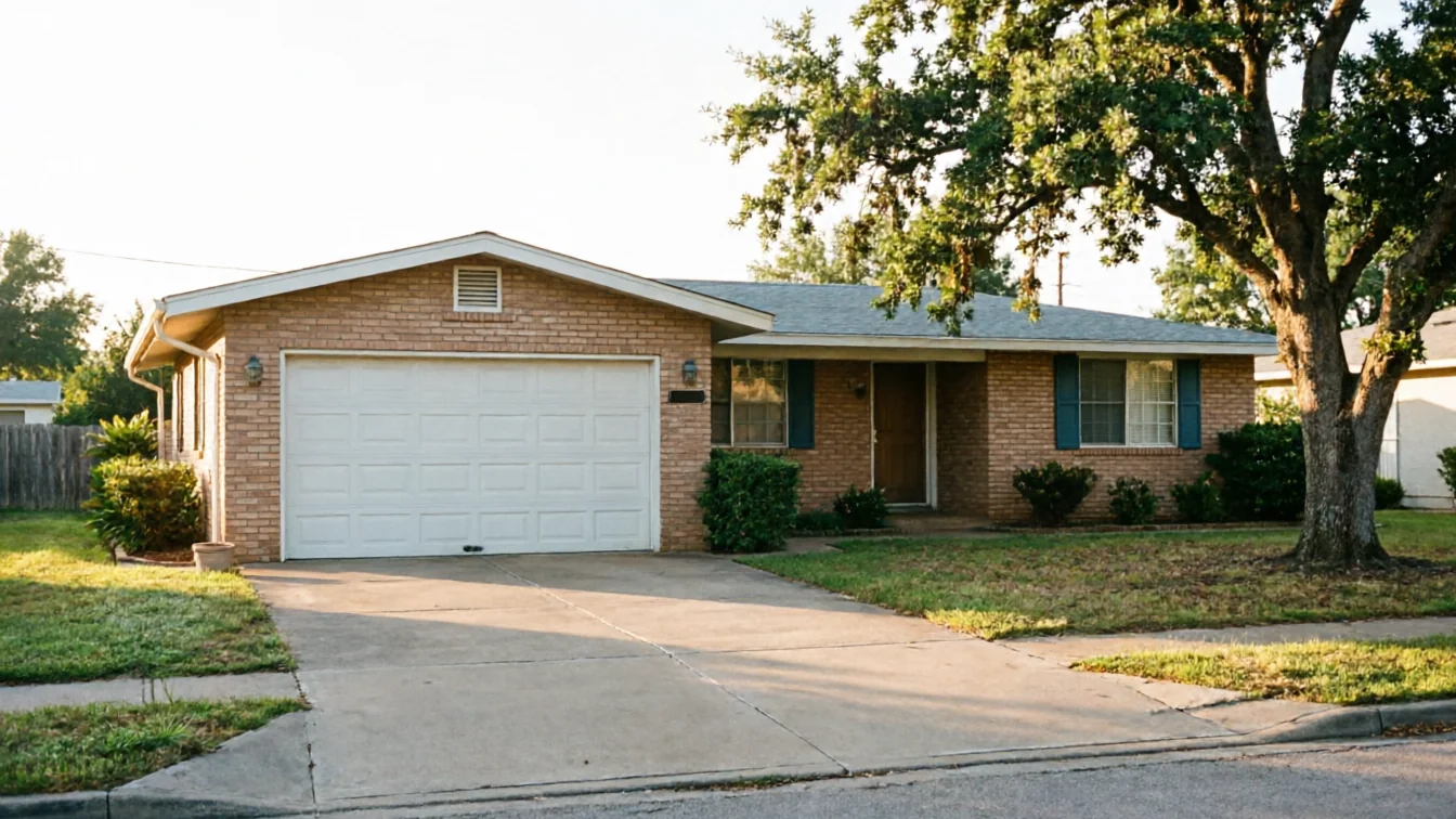 A brick house with a white garage door and a large tree in the front yard.